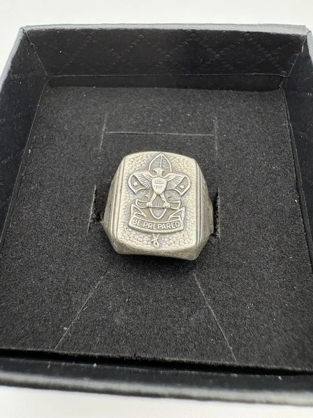 Vintage Boy Scouts Sterling Silver Be Prepared Signet Ring Adjustable 6.3 Grams